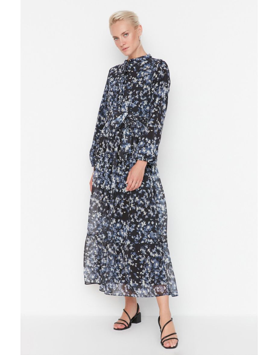 Black Floral Patterned Sash Detail Lined Chiffon Woven Dress