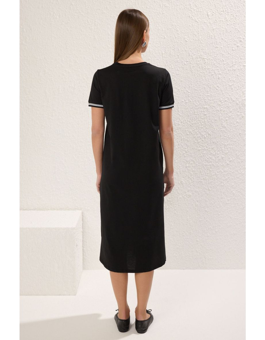 Black Knitwear with Tape Detail Crew Neck Short Sleeve Flexible Knitted Dress - 3