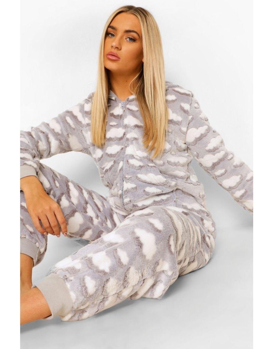 Cloud Print Luxury Fleece Onesie - grey