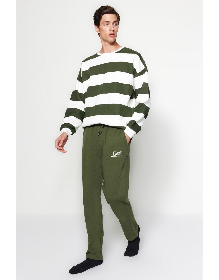 Khaki Regular/Normal Cut Minimal Fluffy Text Printed Thick Sweatpants with Fleece Inside