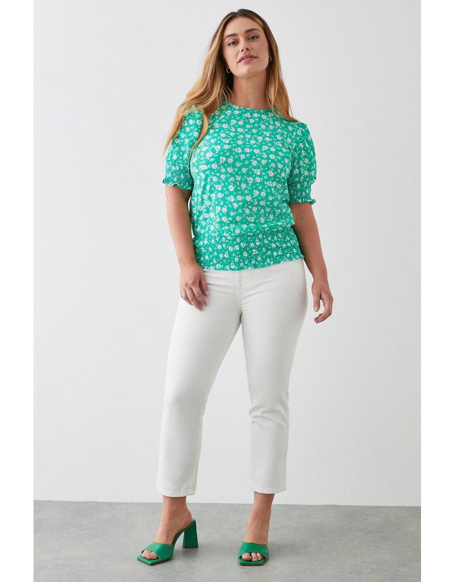 Green Ditsy Shirred Hem Top