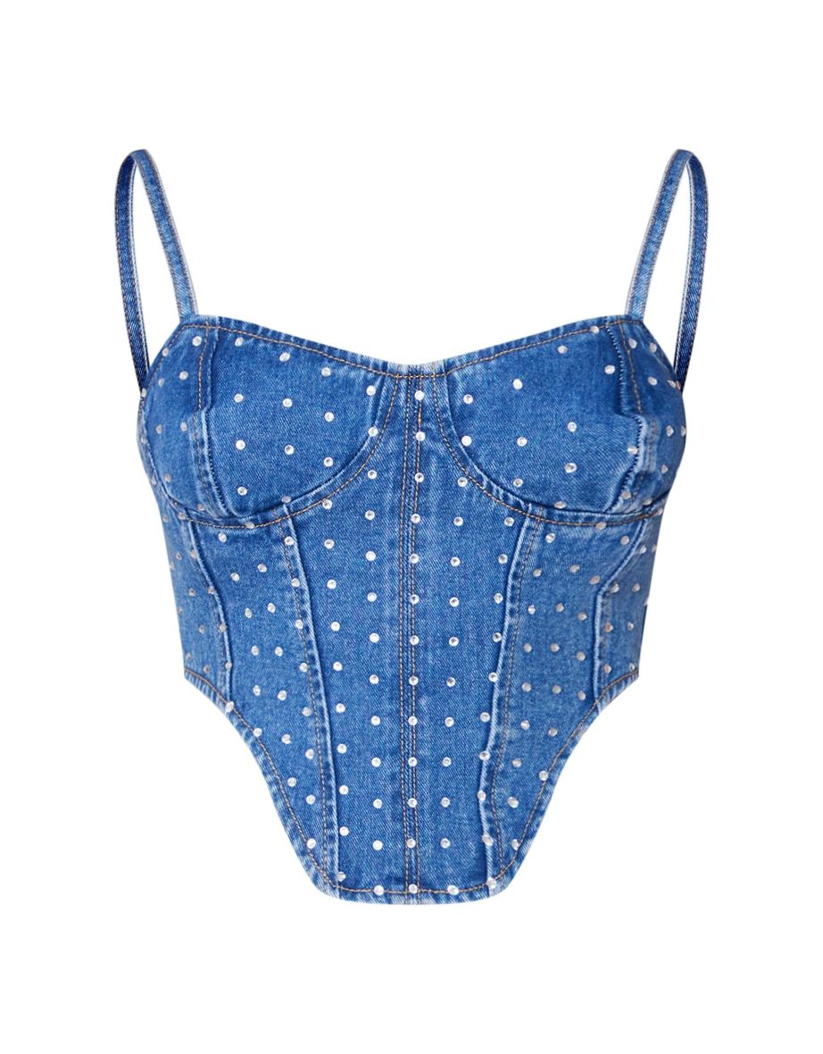 Mid Blue Wash Diamanté Detail Curved Hem Corset Top - 4