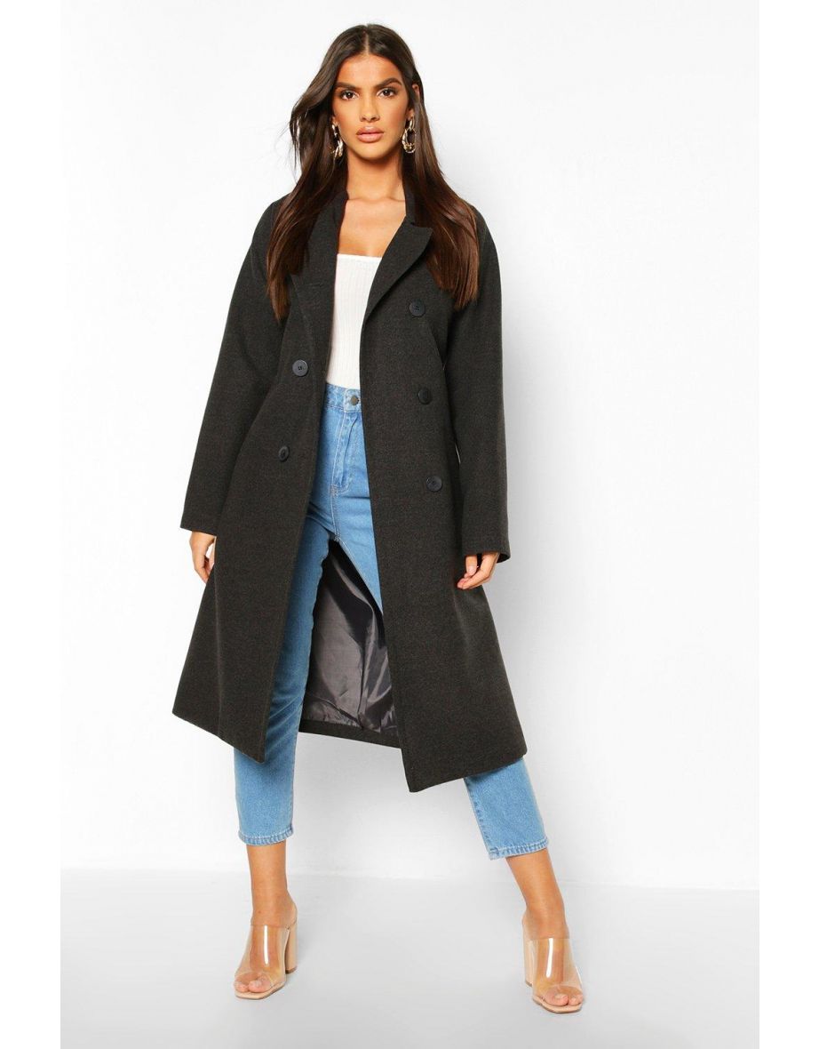 Double Breasted Belted Wool Look Coat - charcoal