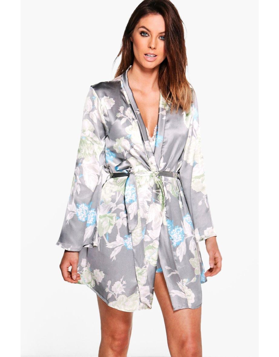 Shop Satin Floral Print Robe grey Online in Oman VogaCloset