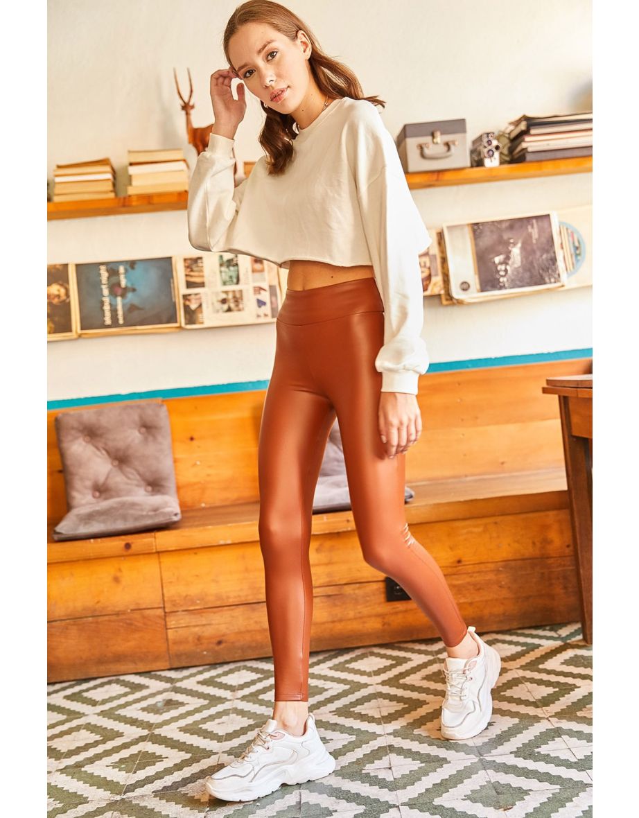 Shop Women s Tan Fleece High Waist Leather Look Leggings for Women Online in Qatar VogaCloset