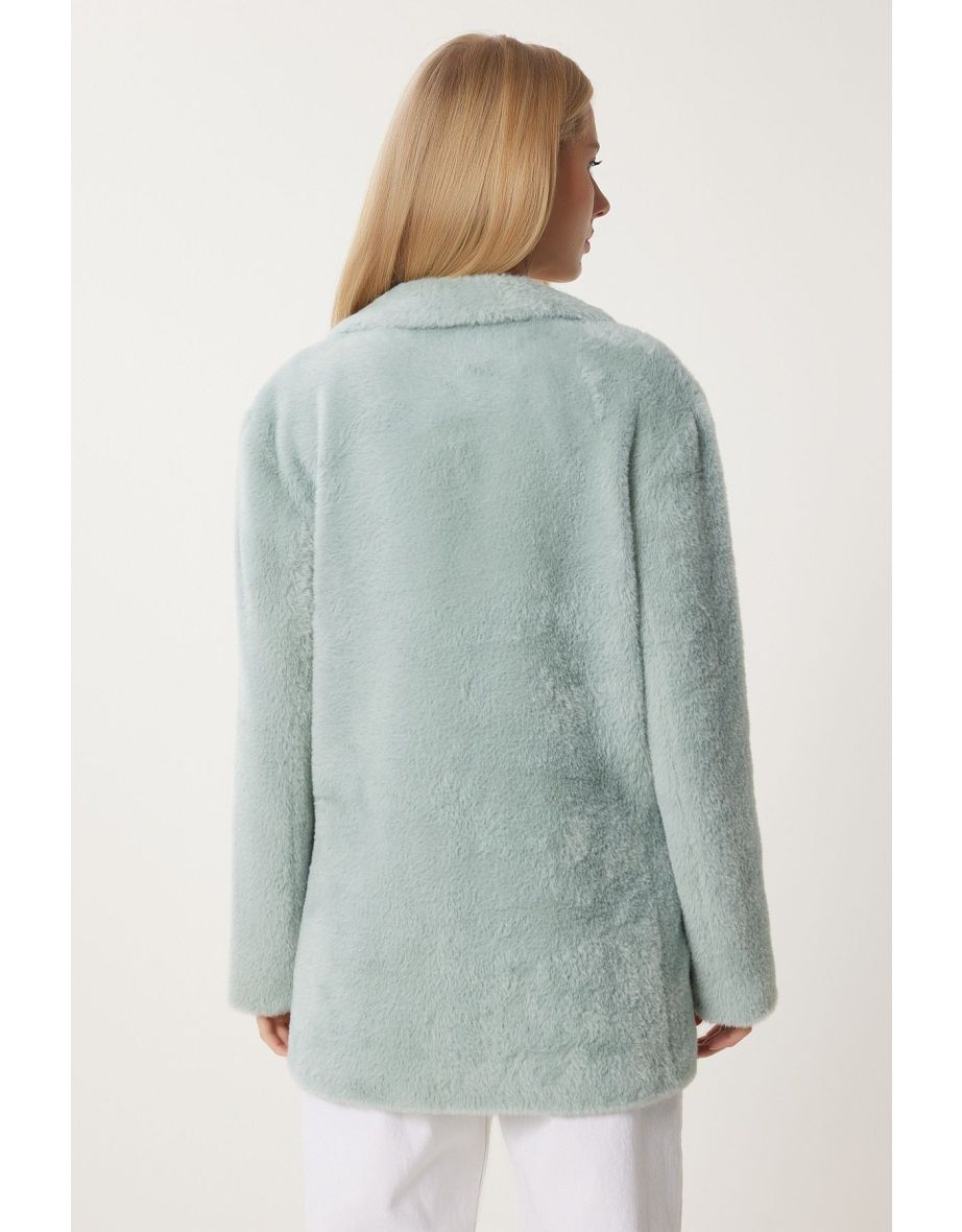 Women's Green Double Breasted Lapel Long Faux Fur Coat - 6