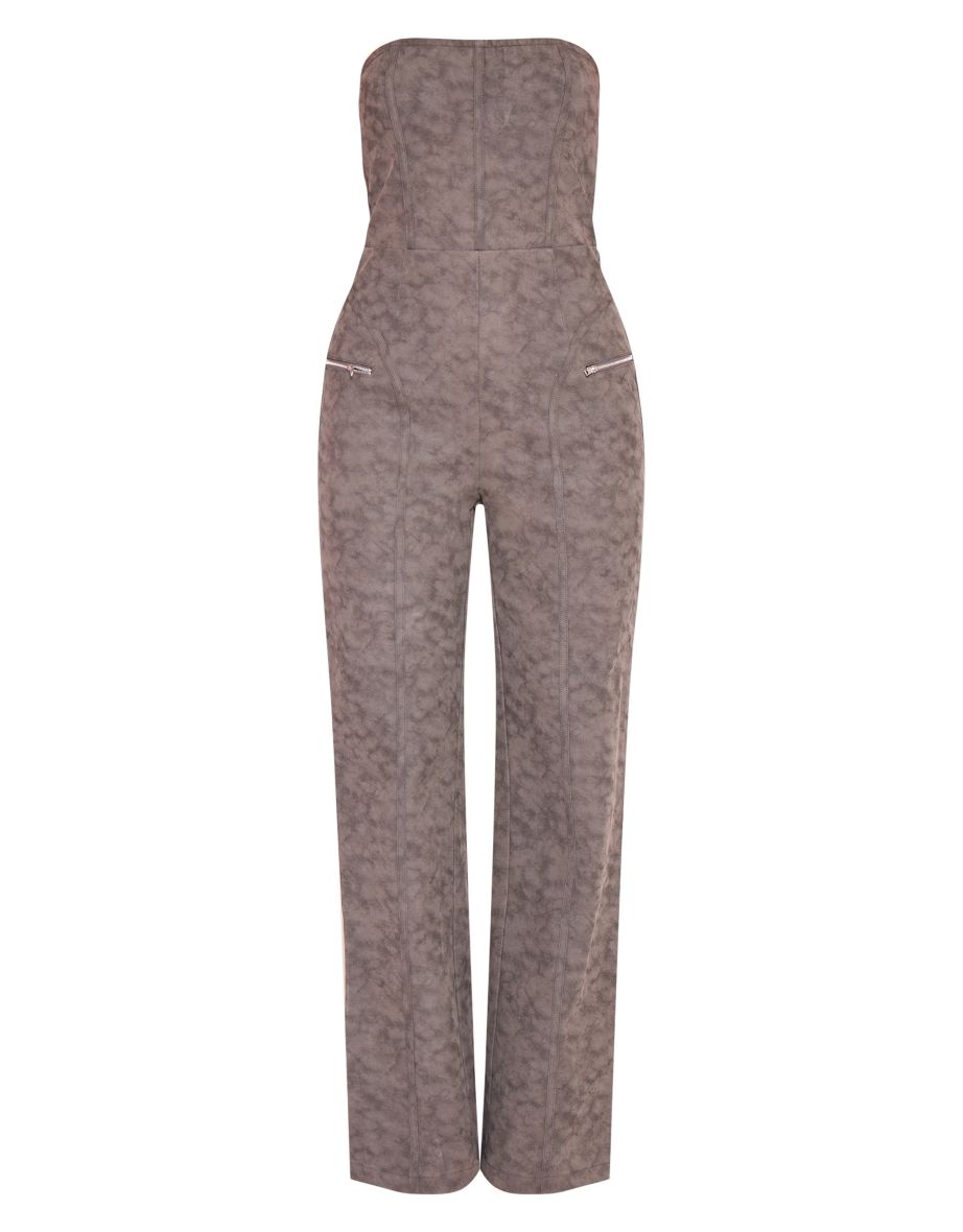 Charcoal Faux Leather Zip Detail Wide Leg Jumpsuit - 4
