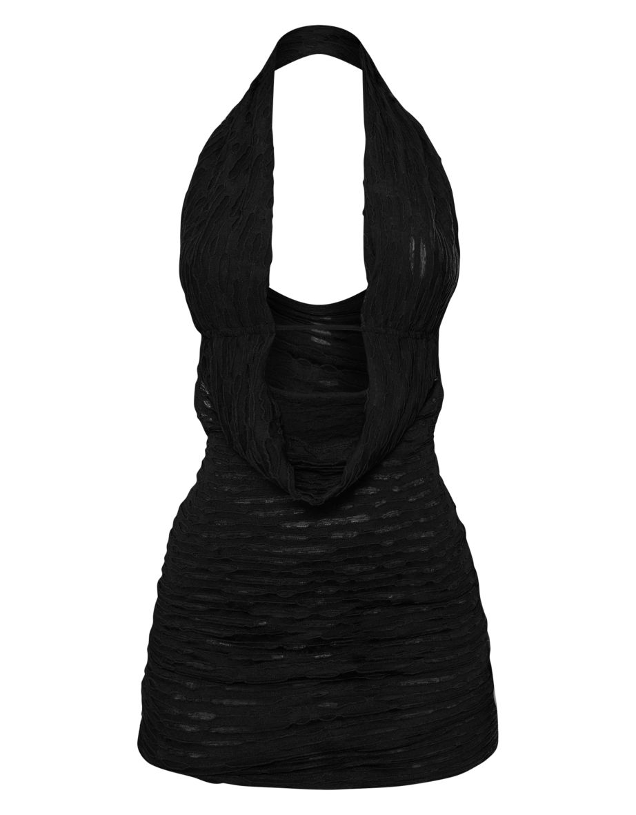Black Textured Halter Neck Cowl Neck Mini Dress - 4