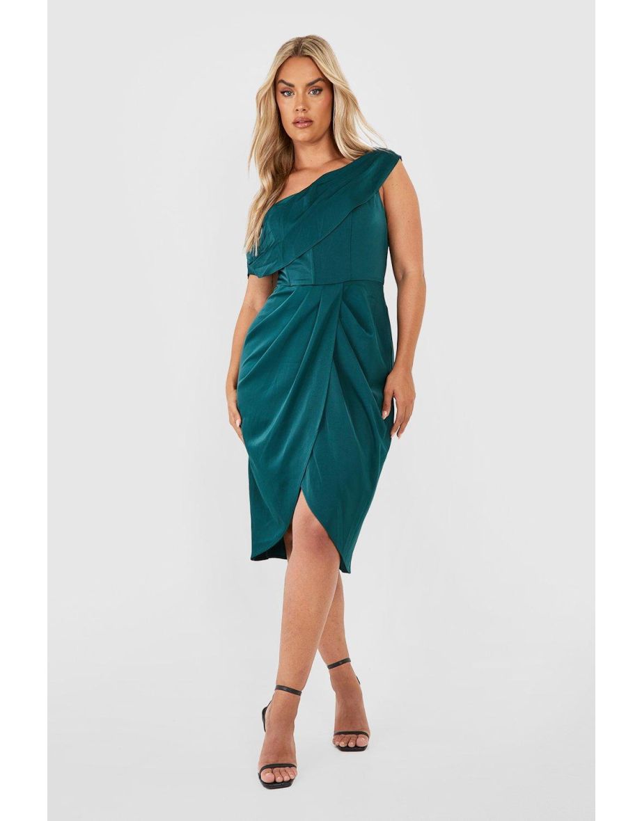 Plus Satin Corset Shoulder Wrap Midi Dress - emerald