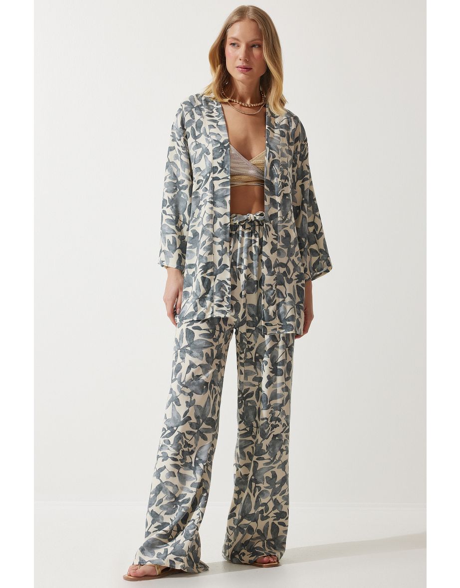 Women's Bone Gray Patterned Kimono Palazzo Trousers Set