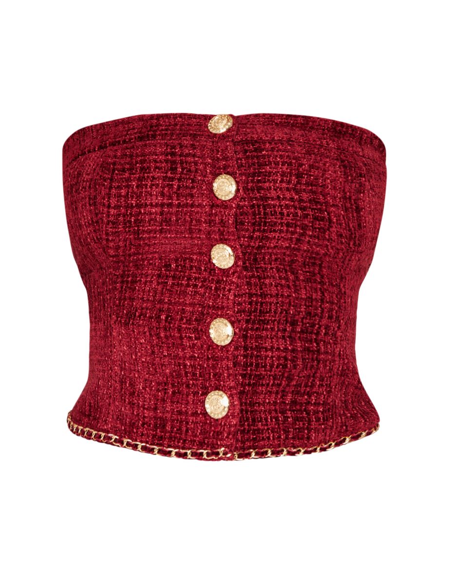 Petite Red Twill Bandeau Button Detail Top - 4