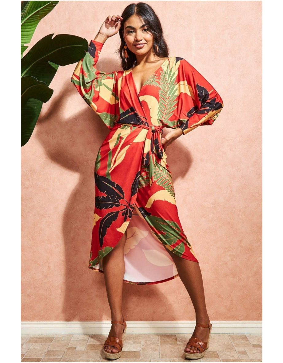 Goddiva Printed Batwing Wrap Midi Dress - Orange