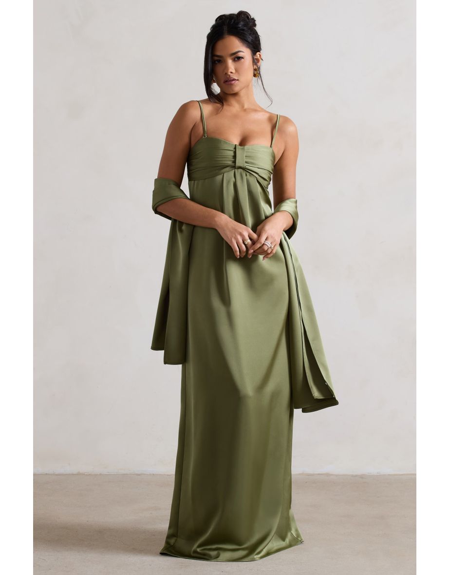 April | Olive Green Satin Sweetheart Maxi Dress - 5