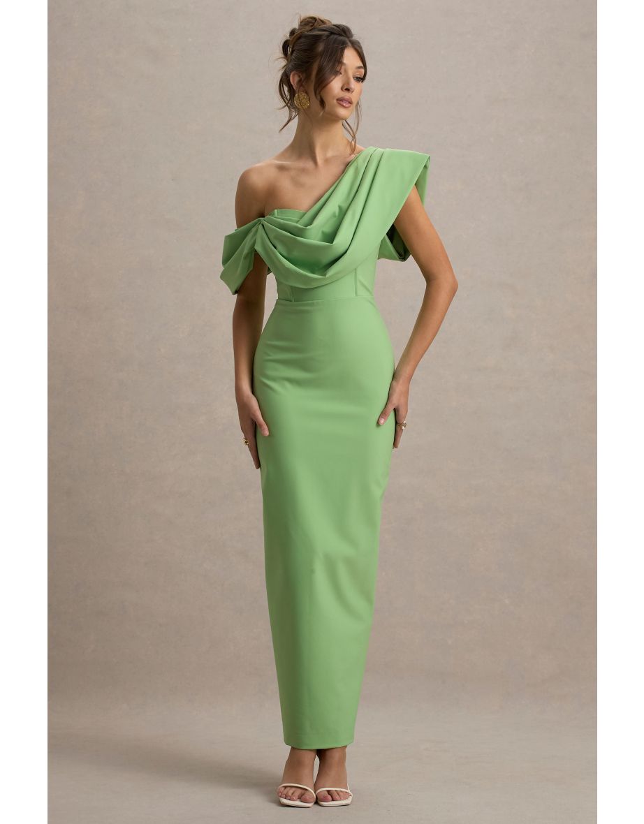 Angelina | Green Draped Shoulder Maxi Dress