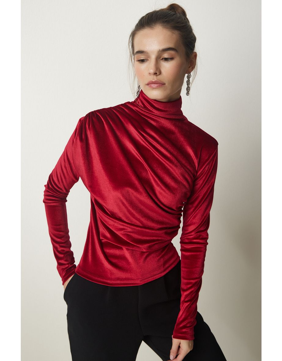 Women's Red Gathered Collar Elegant Velvet Blouse