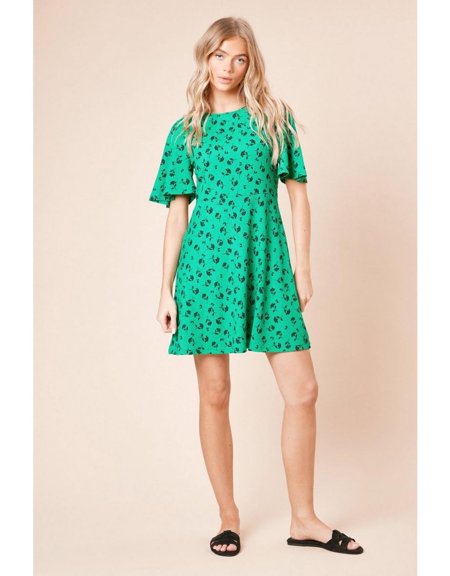 Green Floral Angel Sleeve Mini Dress