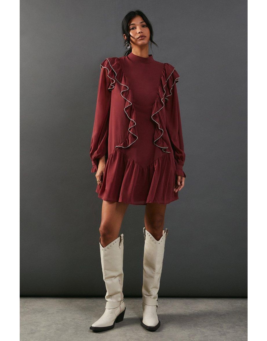 Hand Embellished Ruffle Mini Smock Dress - 3