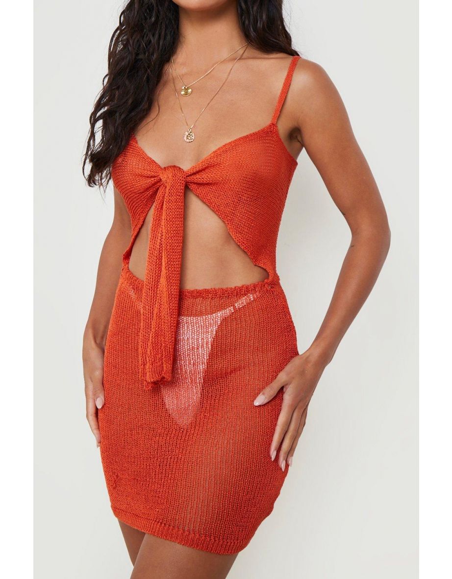 Tie Detail Plunge Knitted Beach Dress - orange - 3