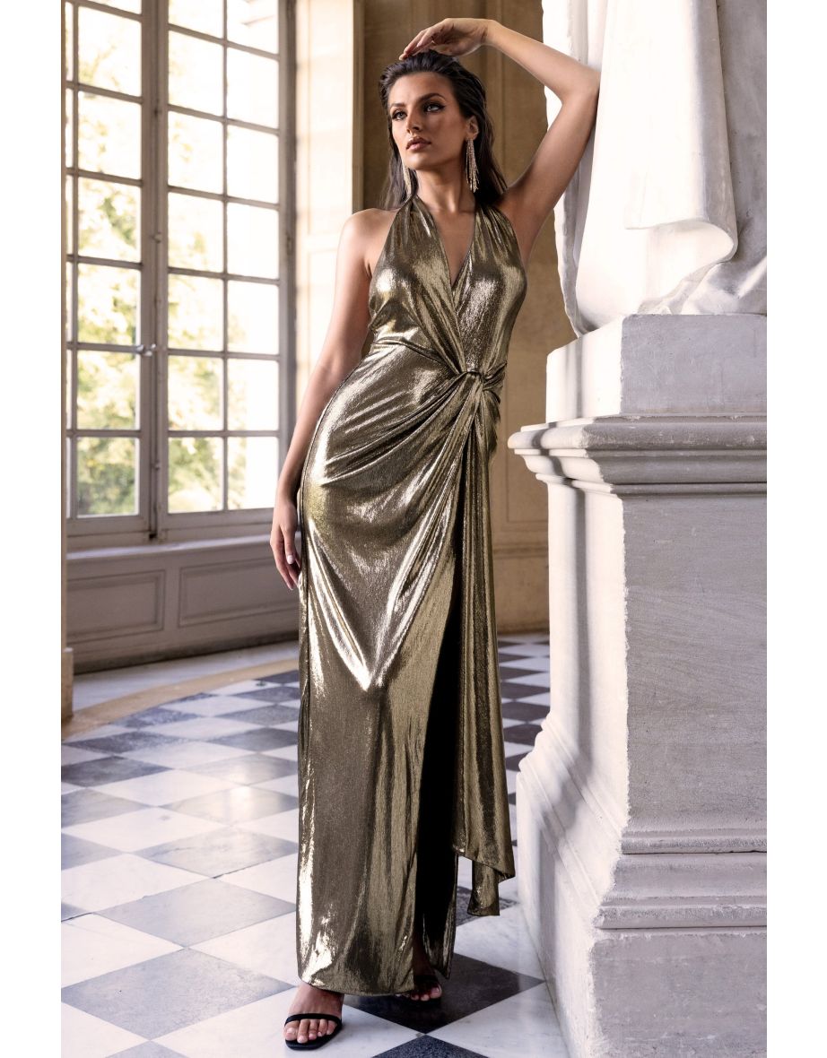 Tabloid Talk | Gold Metallic Plunge Halter-Neck Maxi Dress With Twisted Drape - 5