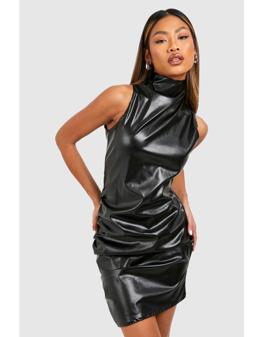 High Neck Ruched Pu Mini Dress - black