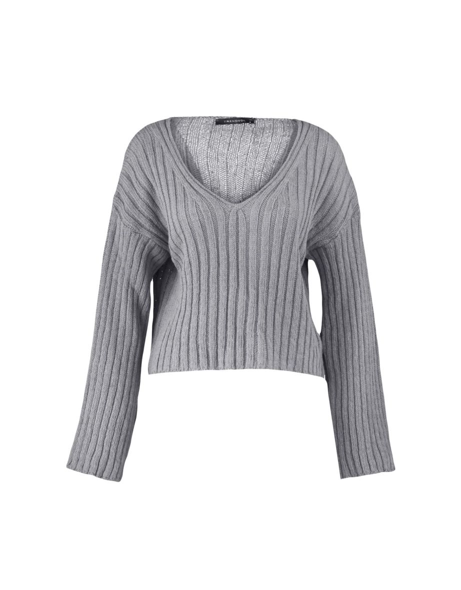 Gray Wide Fit Crop Wool Basic Knitwear Sweater - 7
