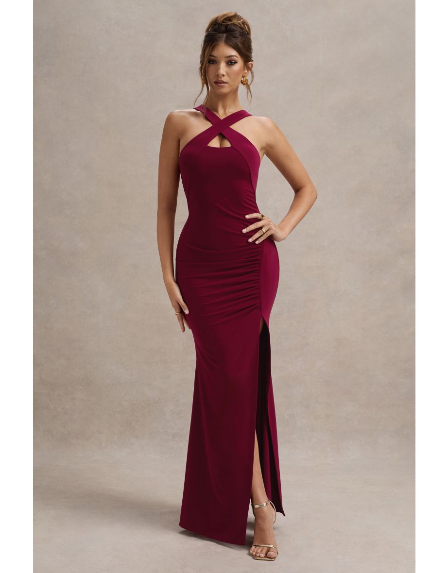 Jianna | Wine Cross Over Halter-Neck Split Maxi Dress