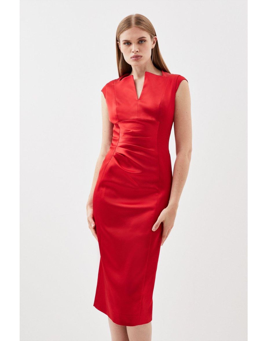 Italian Satin Envelope Neck Pencil Midi Dress