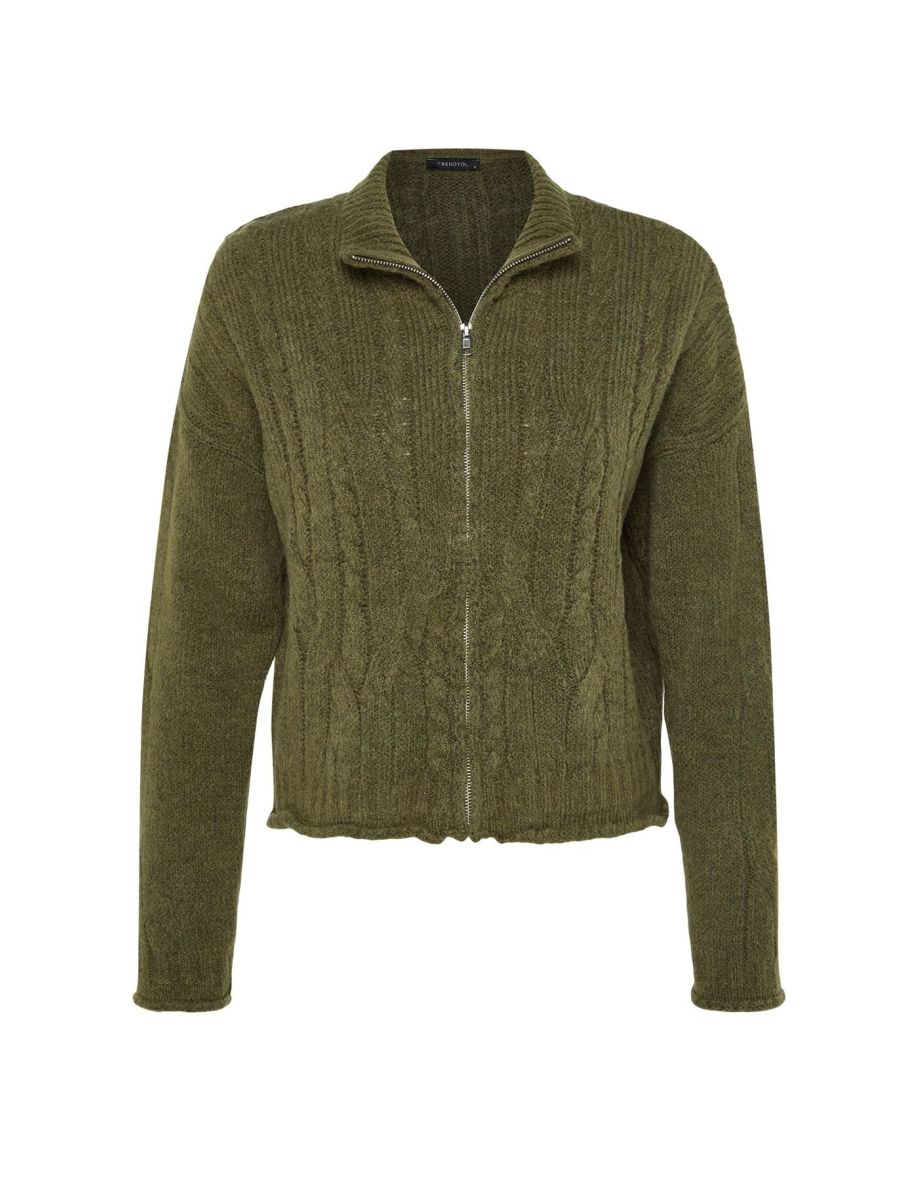 Khaki Soft-textured Sweater Cardigan with Zipper and Braids . - 7