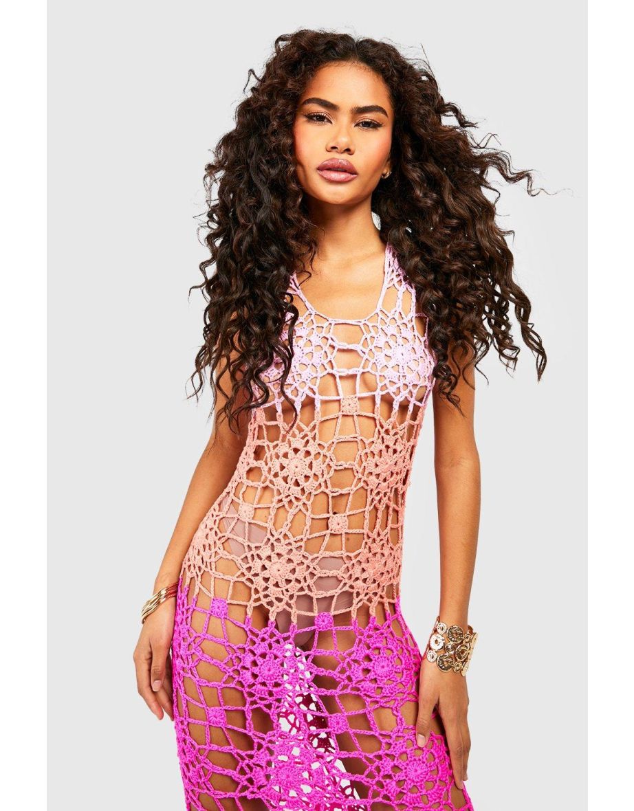 Premium Floral Crochet Split Front Maxi Dress - pink - 2