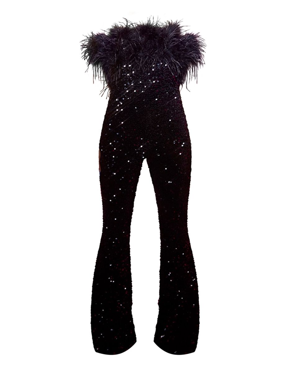 Black Feather Trim Sequin Bardot Jumpsuit - 4