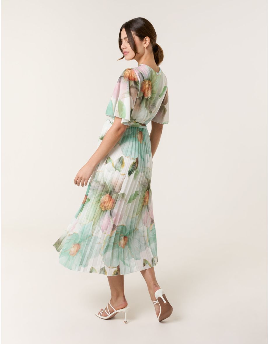 Watercolour Floral Printed Wrap Front Pleated Dress - 3