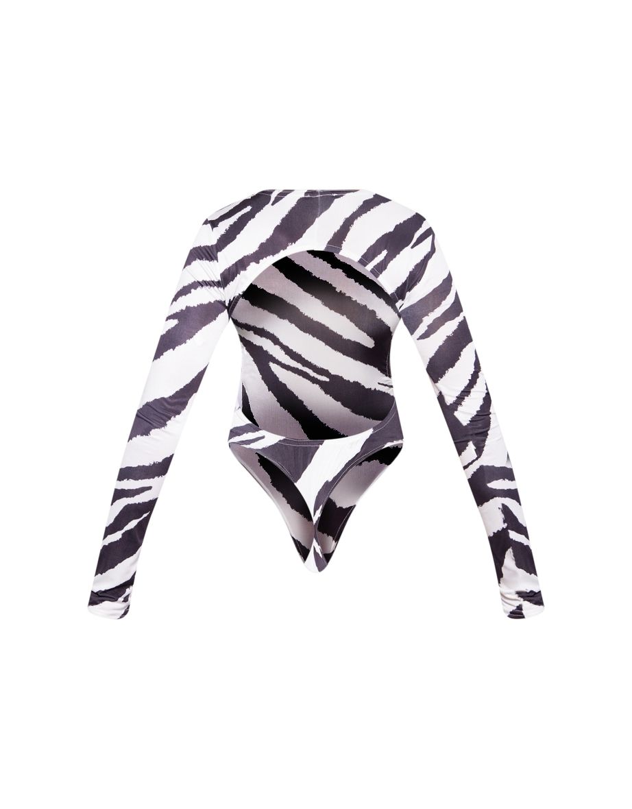 Black Slinky Zebra Printed Cut Out Back Bodysuit - 5