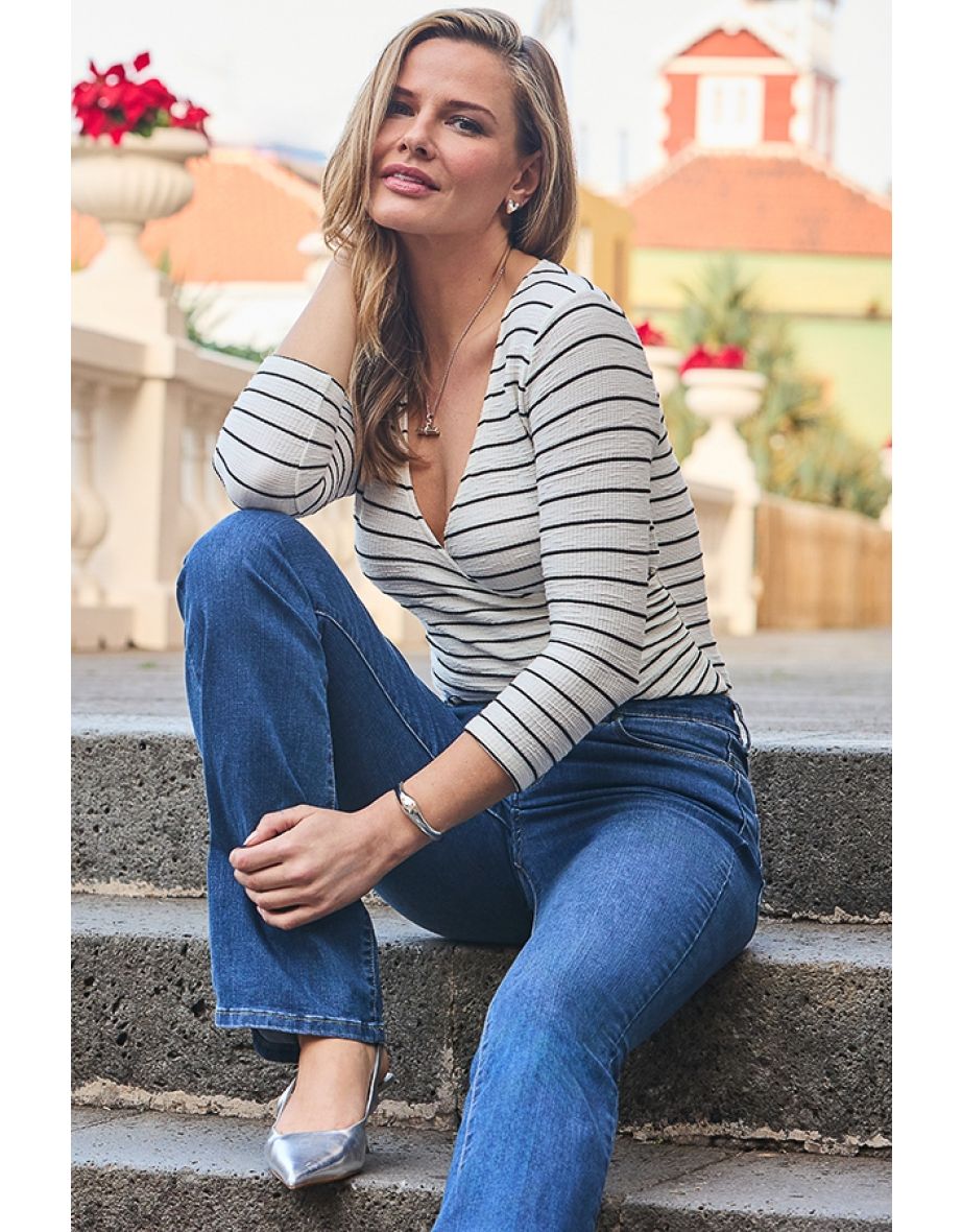 Ivory & Black Stripe Faux Wrap Top