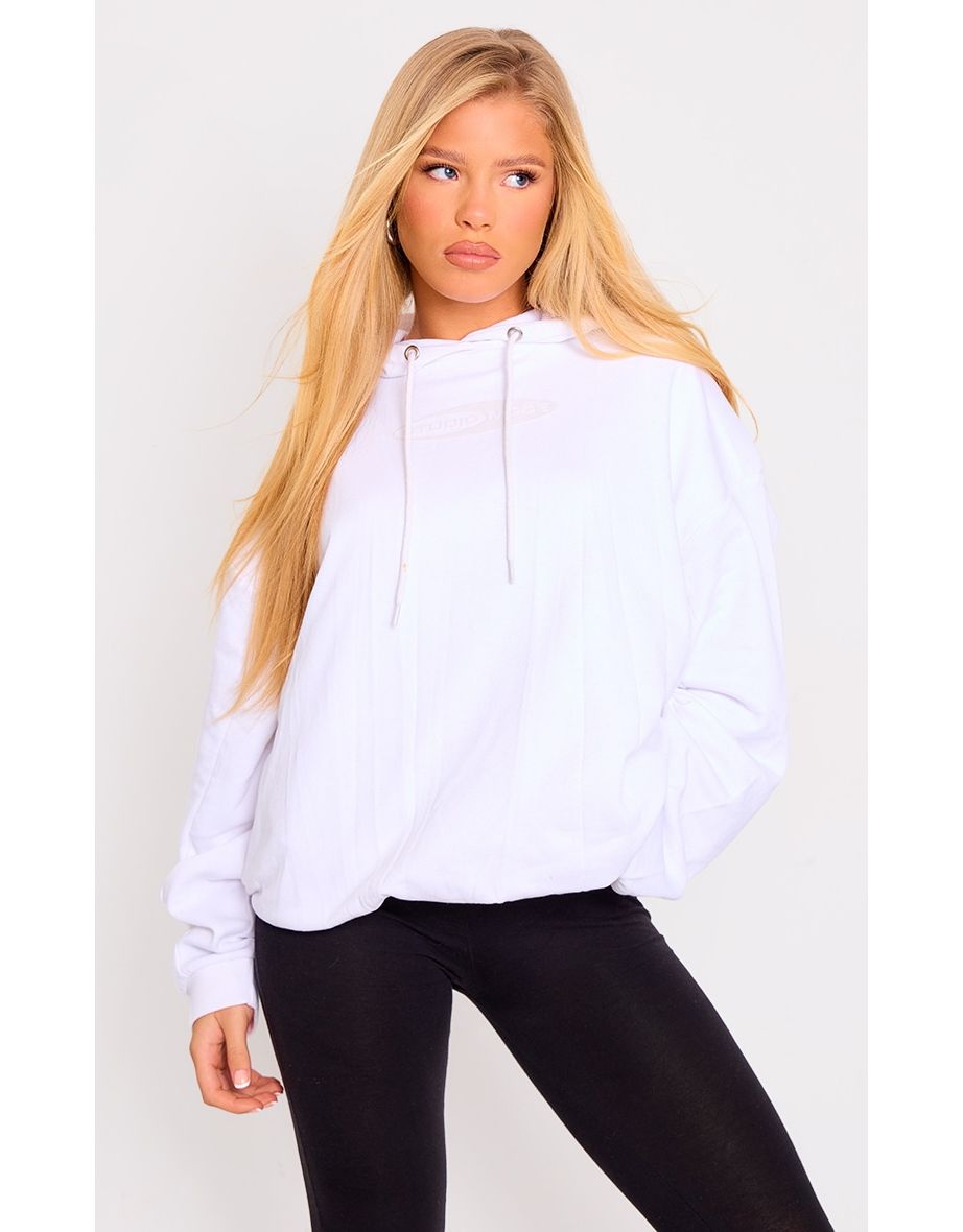 White Studio Mode Printed Cinch Bottom Hoodie