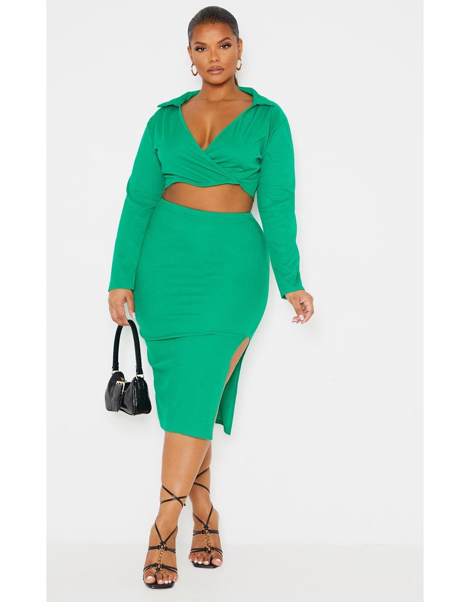 Green ribbed shop midi skirt