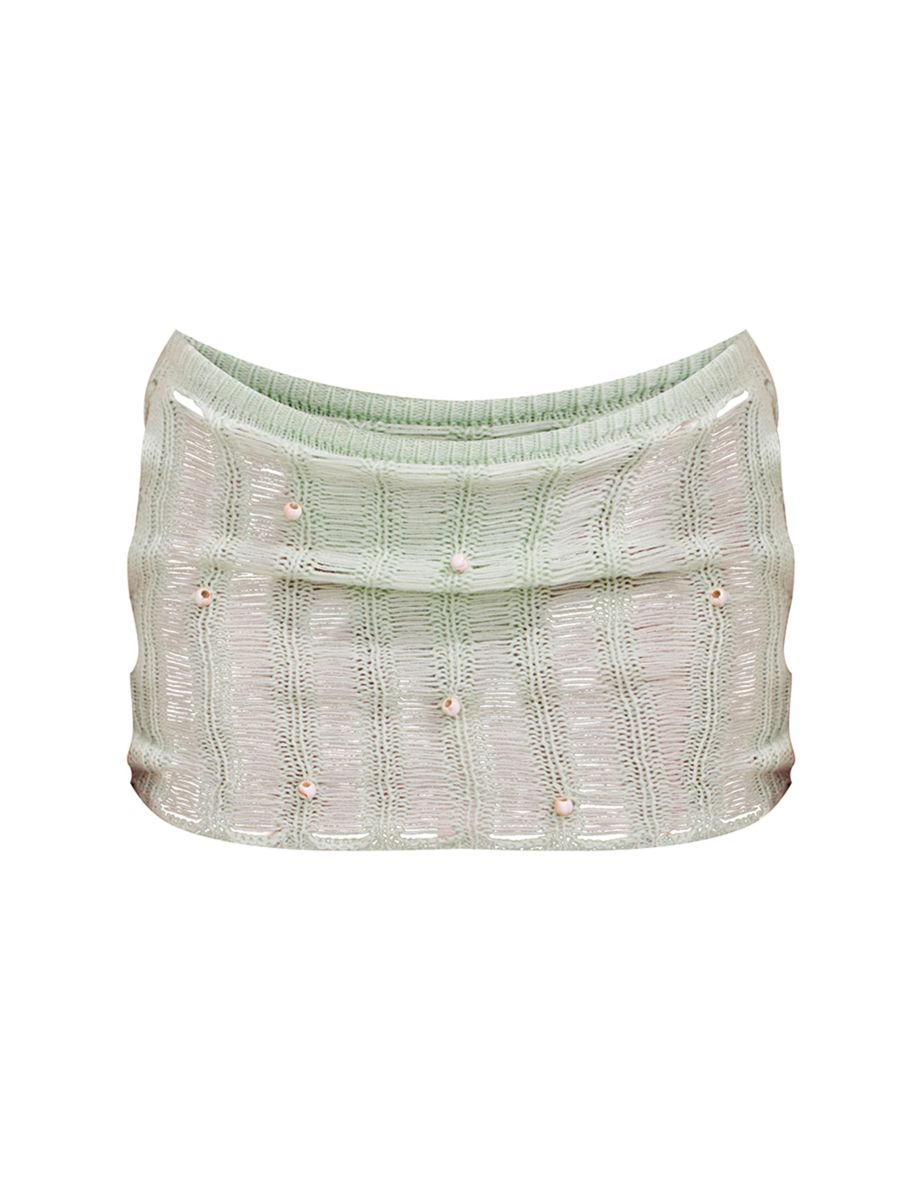 Sage Green Crochet Beaded Laddered Mini Beach Skirt - 5