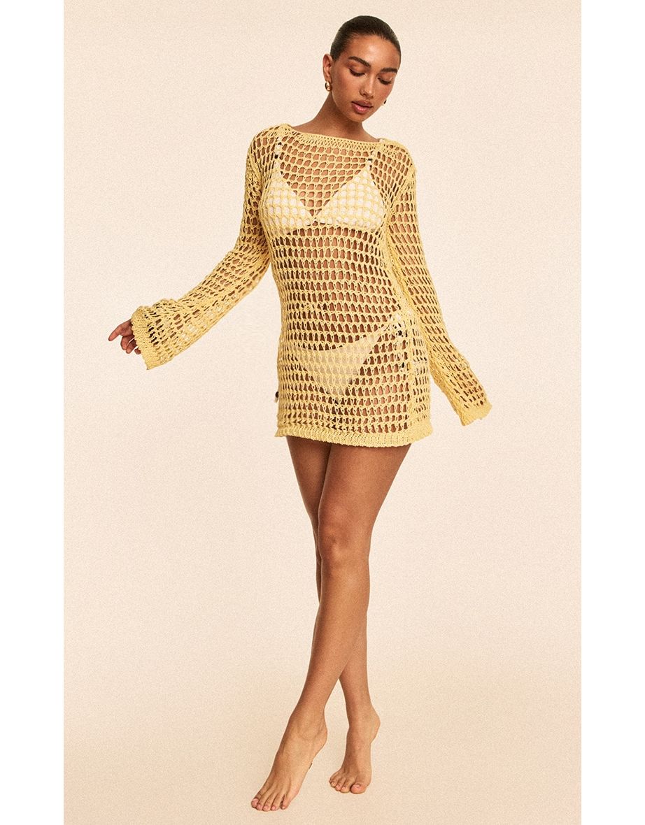 Butter Yellow Crochet Long Sleeve Beach Mini Dress