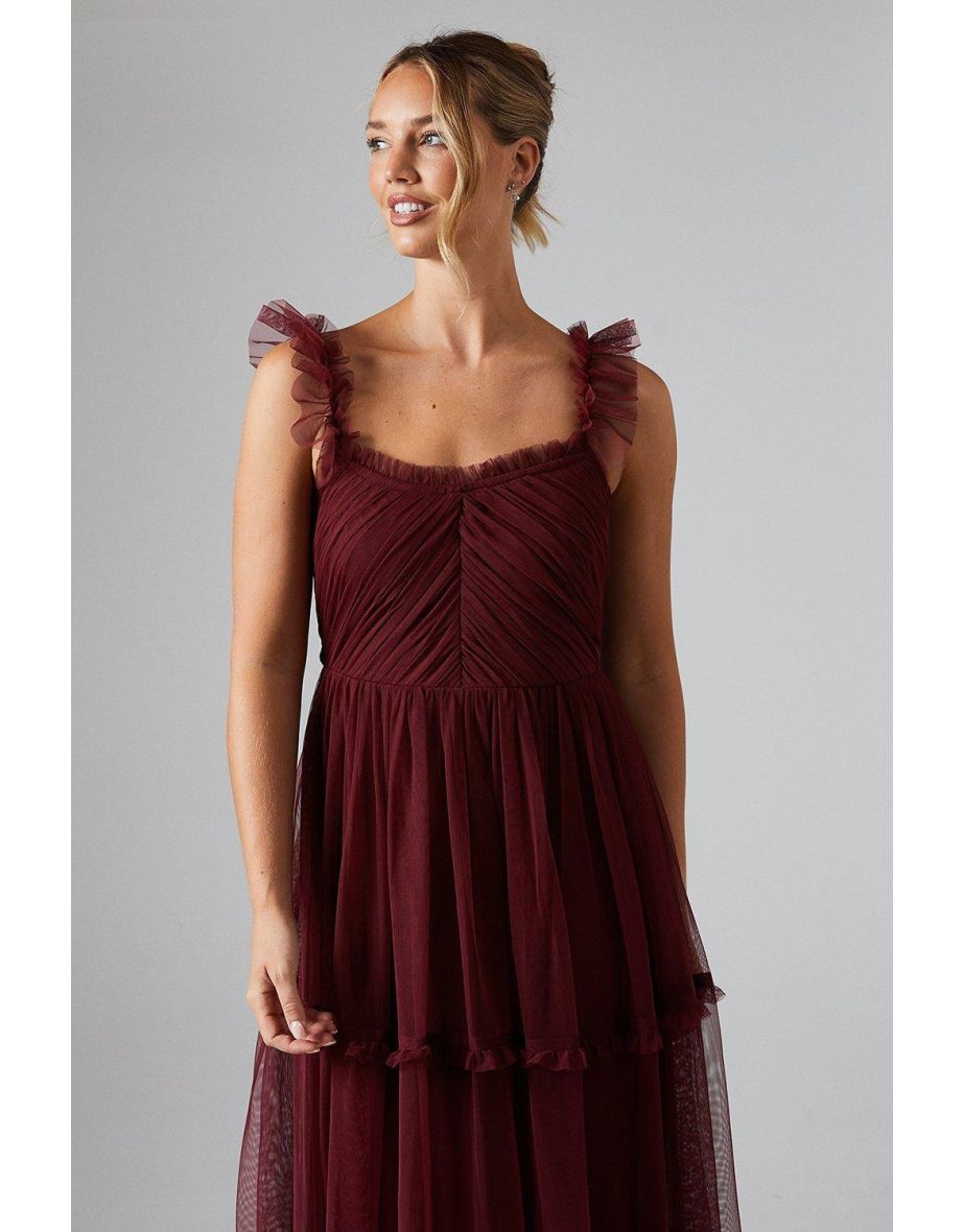 Flutter Sleeve Tiered Mesh Bridesmaids Dress - 3
