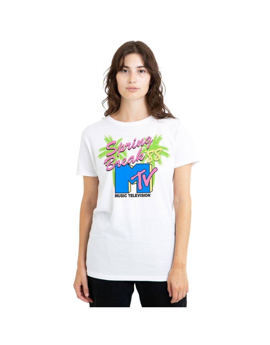 MTV Unisex Adult Spring Break Neon Palm Trees T-Shirt - White