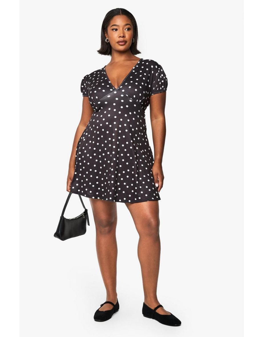 plus polka dot drop hem mini skater dress - black