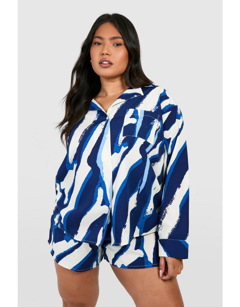 Plus Woven Zebra Print Long Sleeve Shirt & Short Co-ord - blue