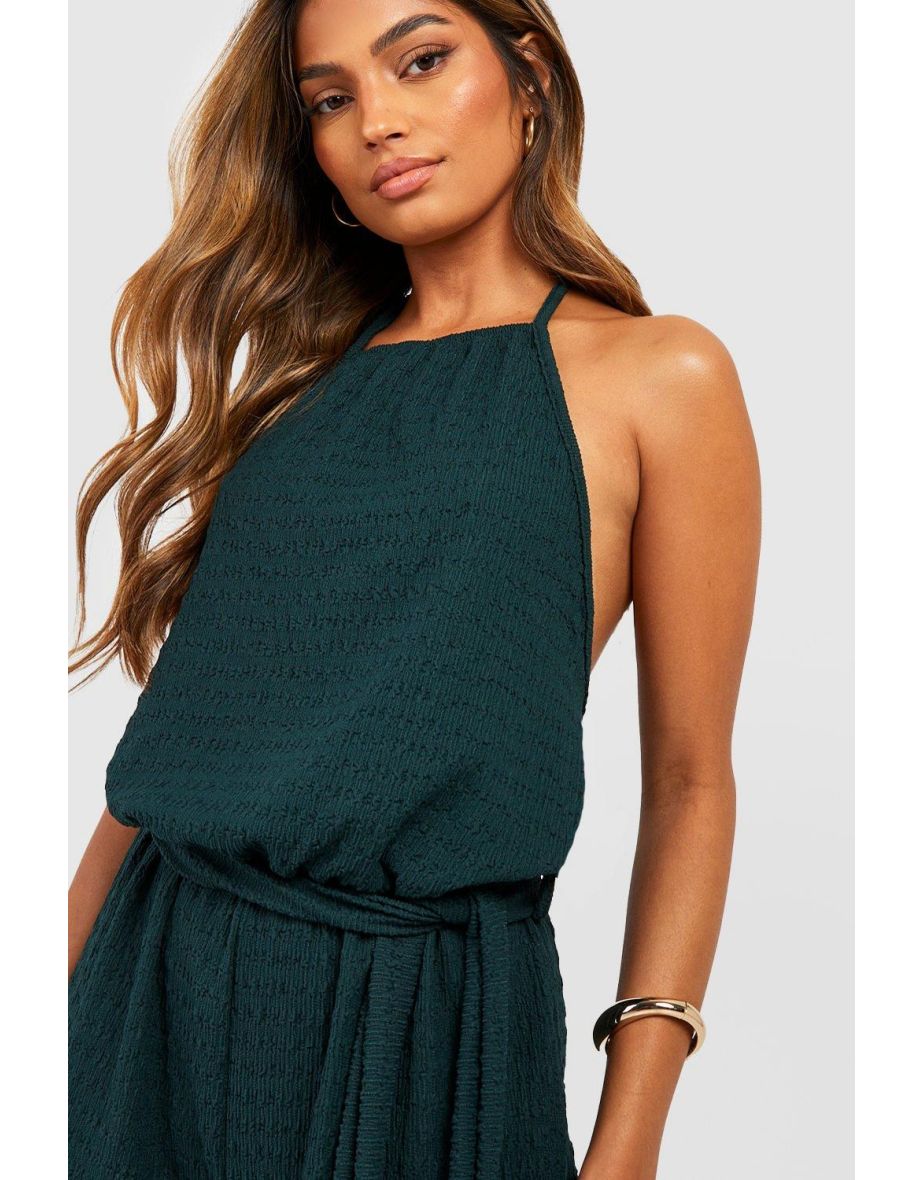 Textured Halterneck Belted Wide Leg Jumpsuit - khaki - 3