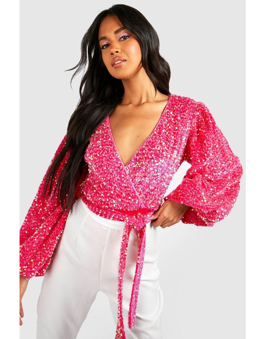 Volume Sleeve Velvet Sequin Bodysuit - pink