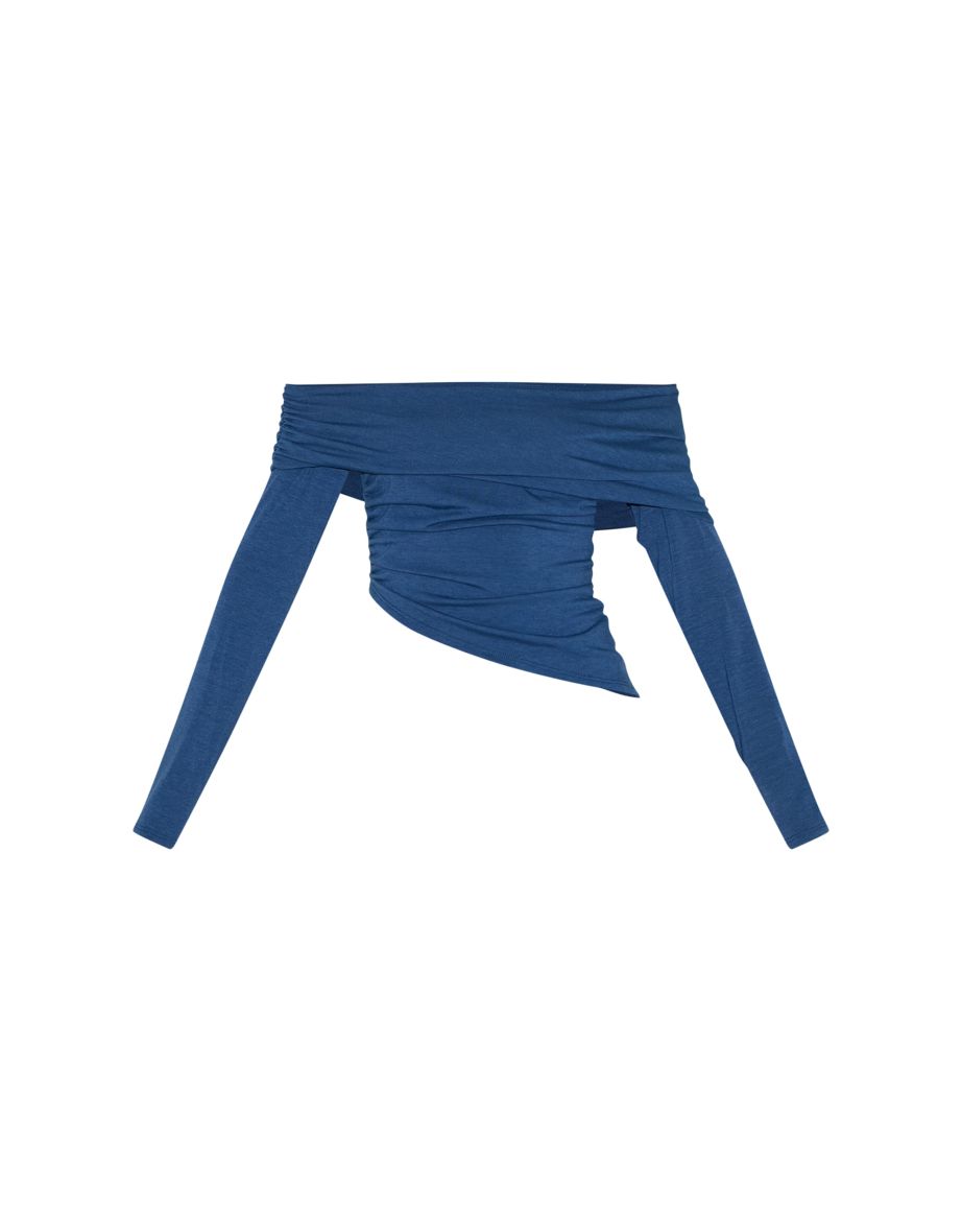 Petrol Blue Contour Jersey Fold Over Detail Bardot Long Sleeve Top - 4