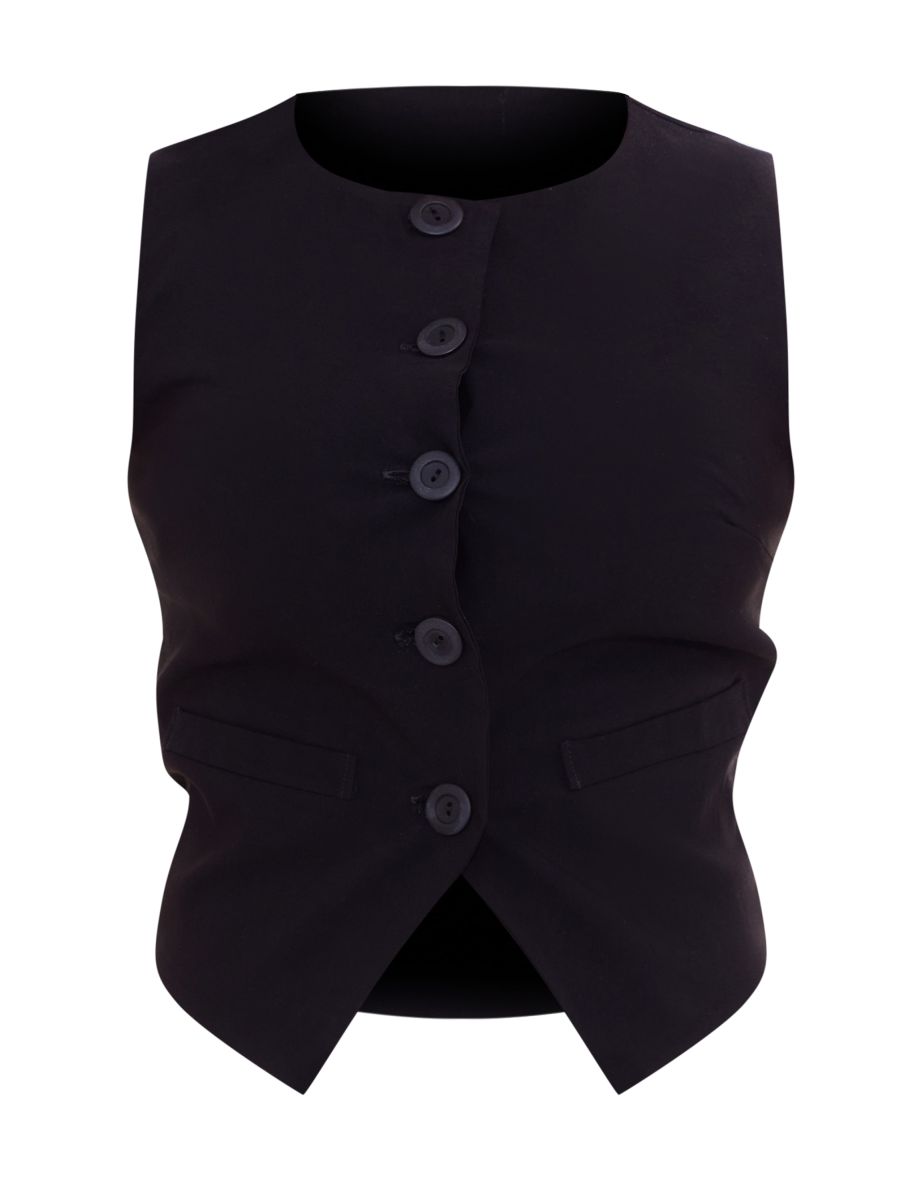 Black Round Neck Button Down Waistcoat - 4