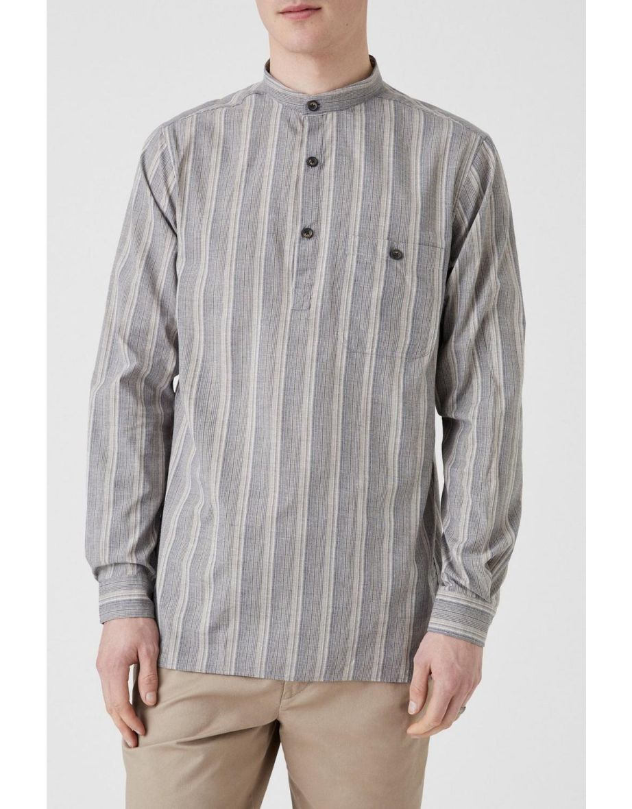Fine Stripe Overhead Grandad Collar Shirt - natural