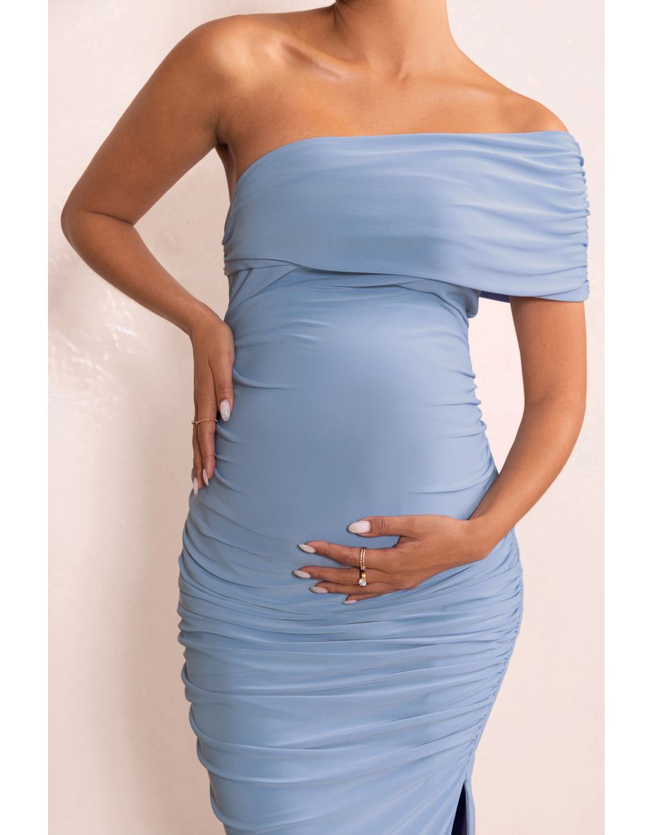 Odelia | Powder Blue Maternity Midi Dress with Asymmetric Sleeve and Side Split - 4
