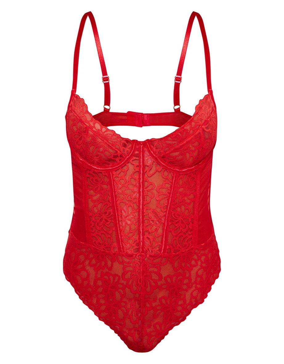 Red Floral Scalloped Edge Lace Cut Out Bodysuit - 4