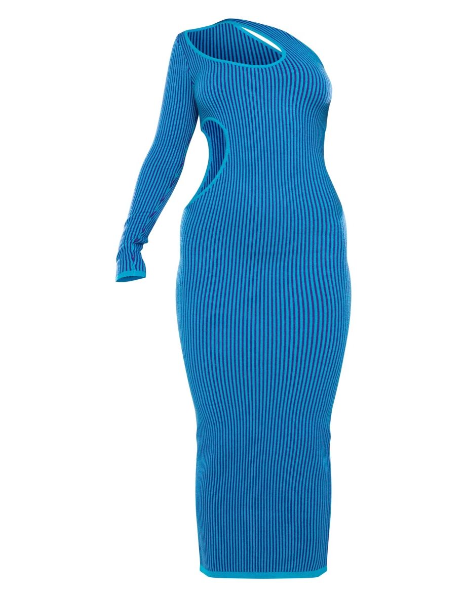 Blue Two Tone Knit One Shoulder Cut Out Dress - 4
