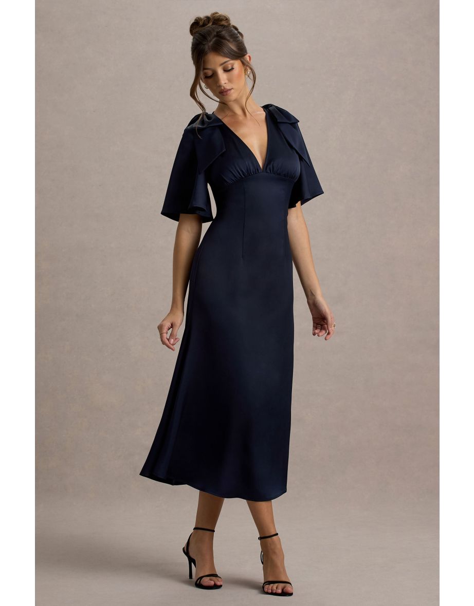 Danna | Navy Satin V-Neck Short-Sleeve Midi Dress